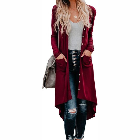 Long Cardigan High Low Button Down Lightweight Maroon Size XL - Picture 1 of 12